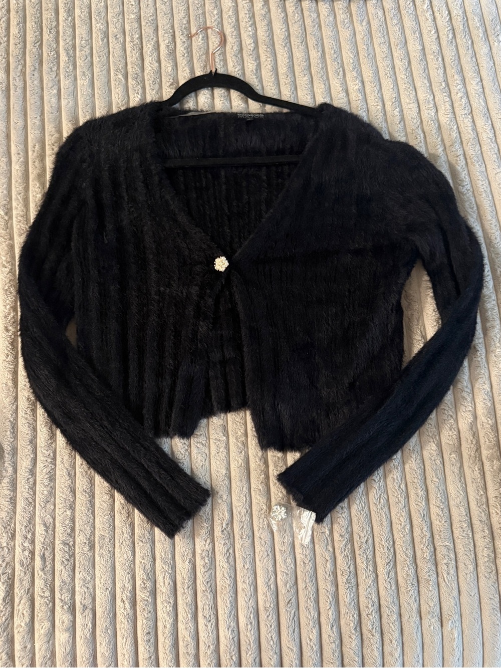 Cropped Black Fuzzy Cardigan with Decorative Button
